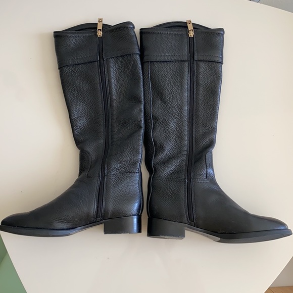 Tory Burch Black Leather Gold Logo Tall Boots - Picture 4 of 11